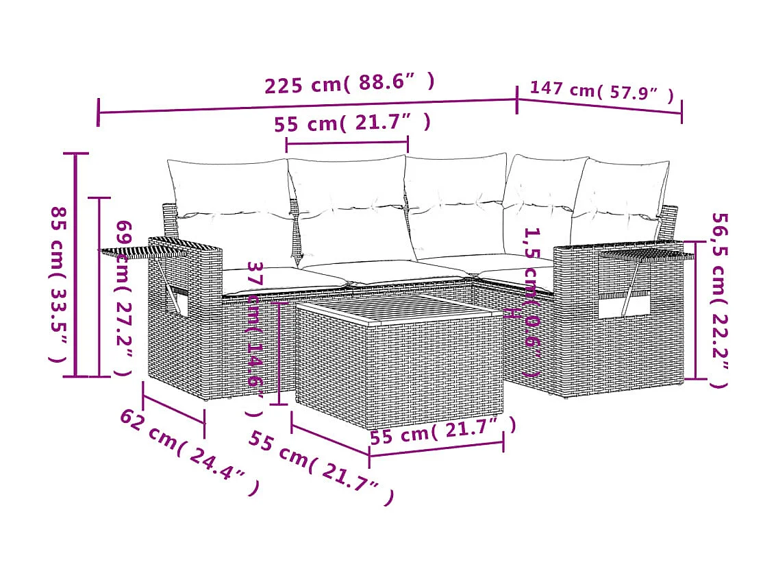 Salon de jardin avec coussins 5 pièces mélange beige résine tressée