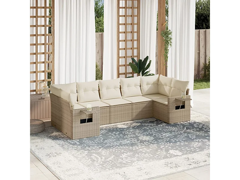 7 peças conjunto de sofás p/ jardim com almofadões vime PE bege