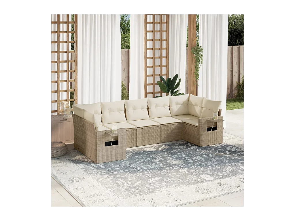 7-delige Loungeset met kussens poly rattan beige