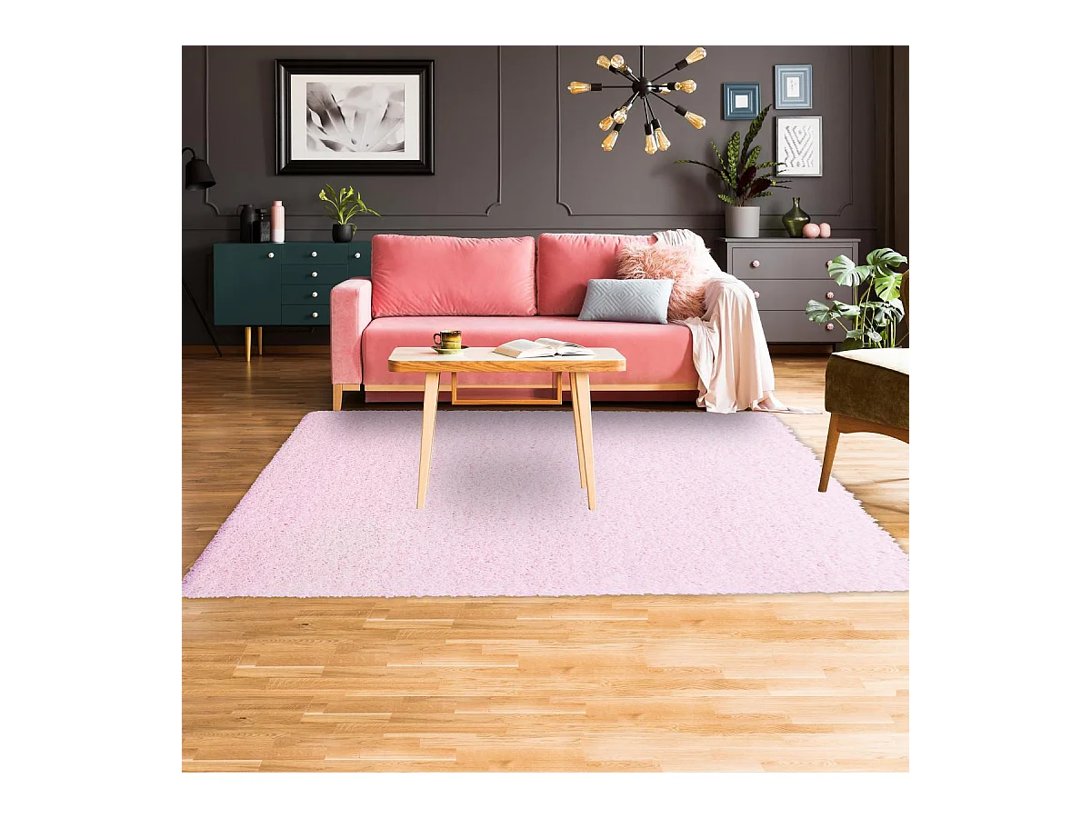 Tapis poils longs shaggy Ø200cm rond tissé rose motif uni UNI L