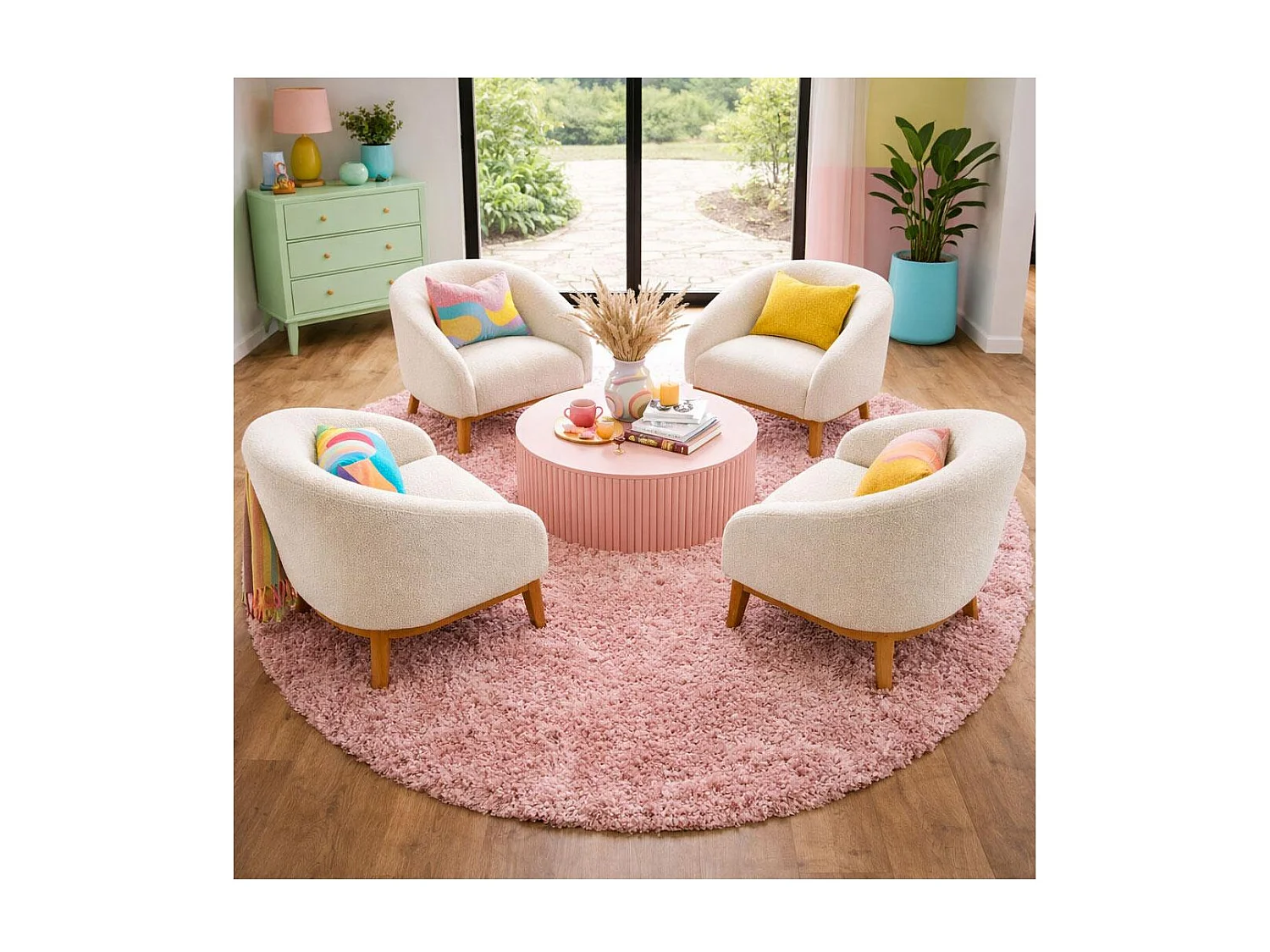 Tapis poils longs shaggy Ø200cm rond tissé rose motif uni UNI L