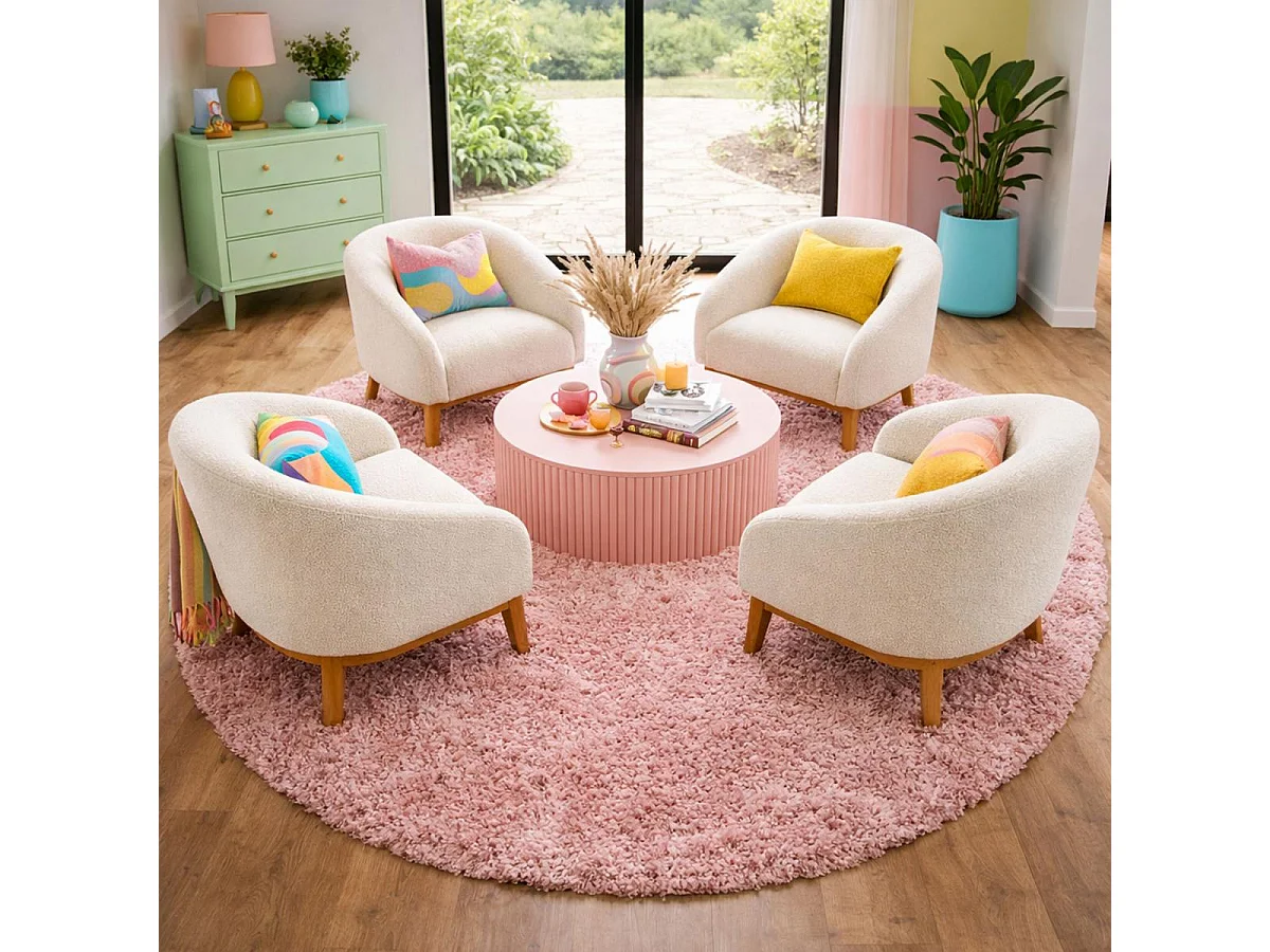 Tapis poils longs shaggy Ø200cm rond tissé rose motif uni UNI L