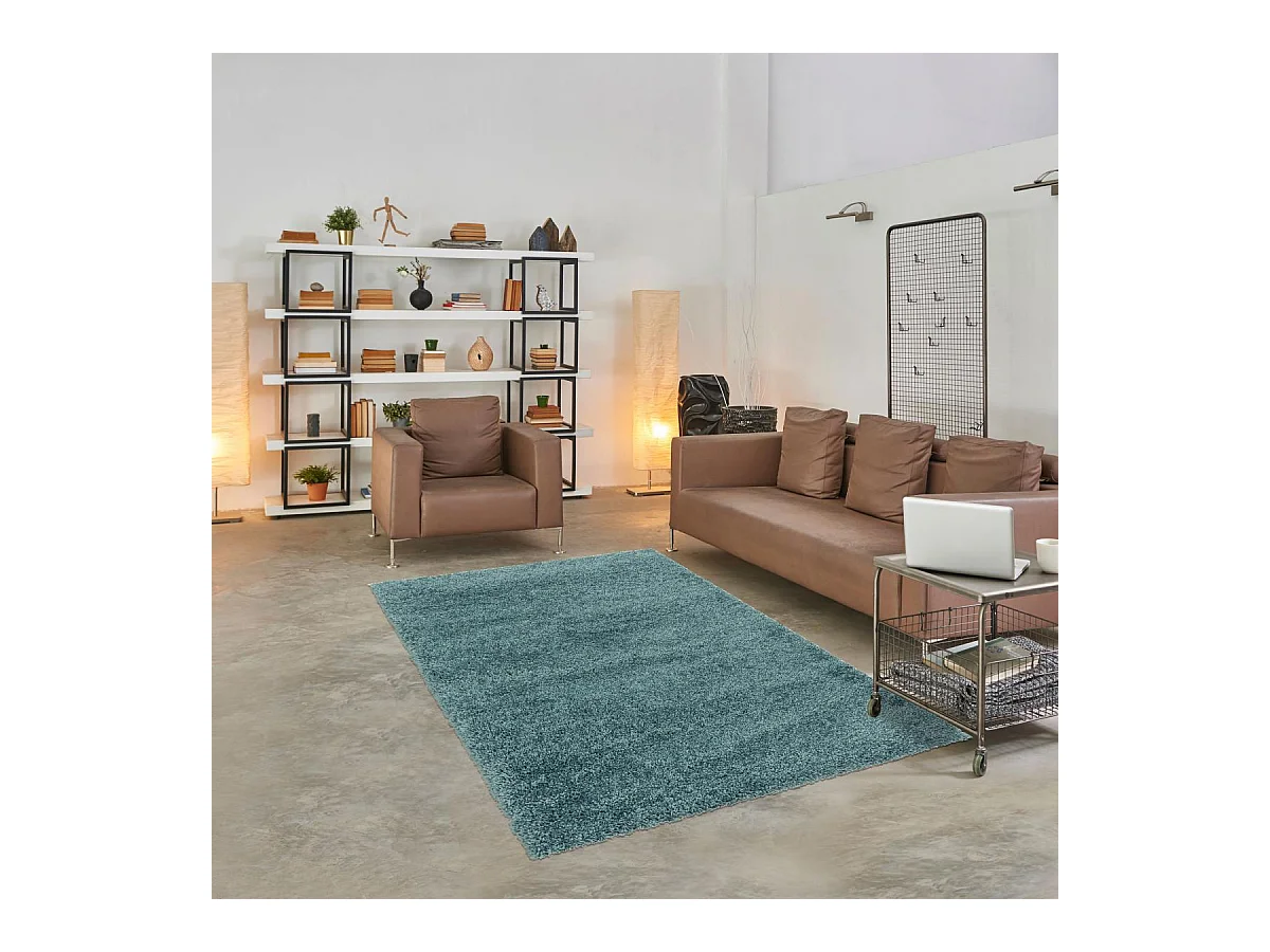 Tapis poils longs shaggy Ø200cm rond tissé bleu motif uni UNI I