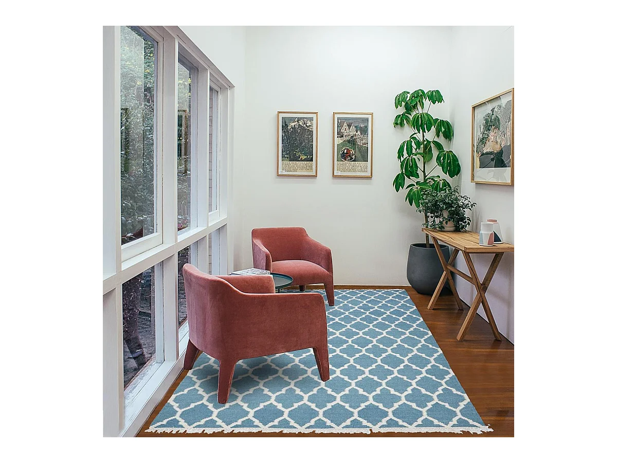 Tapis kilim 240x340 rectangle fait main en laine turquoise motif scandinave