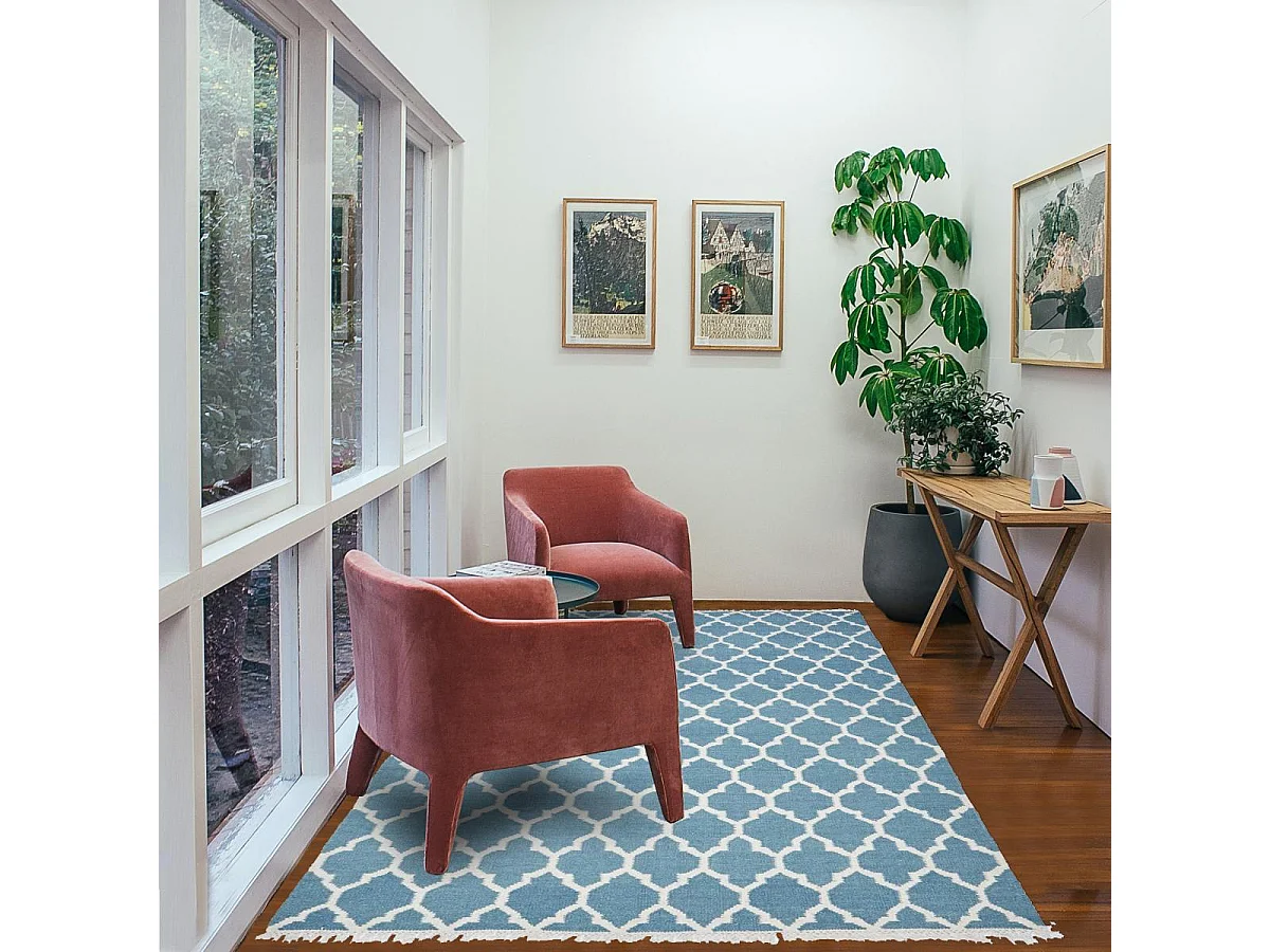 Tapis kilim 240x340 rectangle fait main en laine turquoise motif scandinave