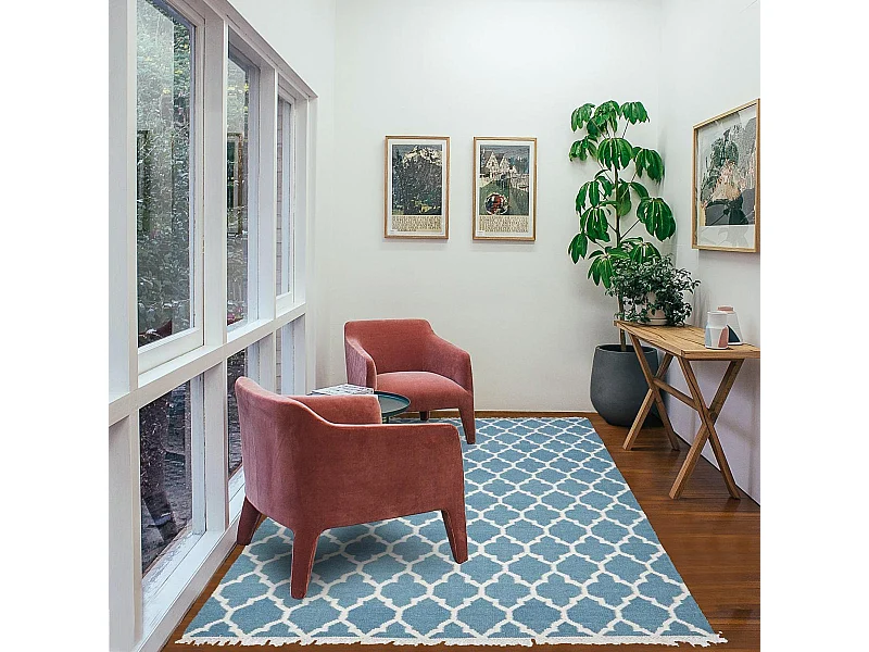 Tapis kilim 240x340 rectangle fait main en laine turquoise motif scandinave