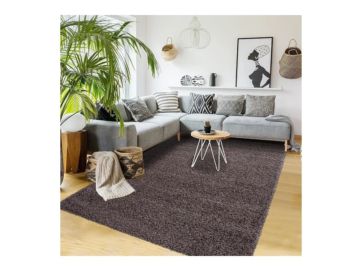 Tapis poils longs shaggy Ø200cm rond tissé taupe motif uni UNI L