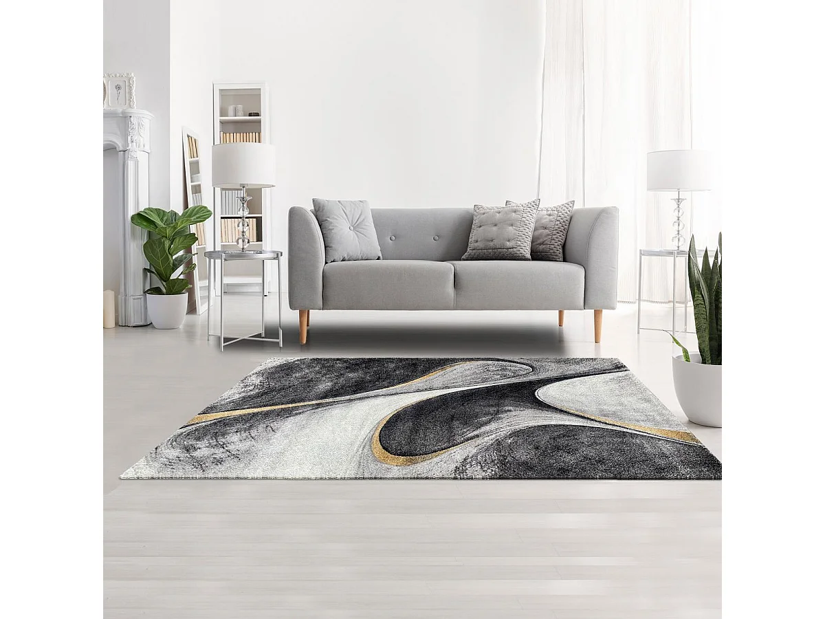 tapis salle à manger 200x290 tissé jaune et gris rectangle motif géométrique