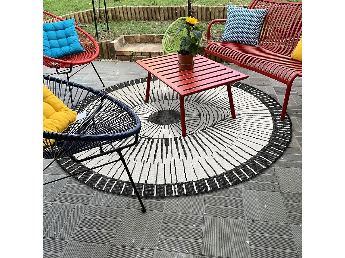 Tapis rond d'extérieur, kilim reversible Ø160cm LYN2 B ROND REVERSIBLE noir et crème