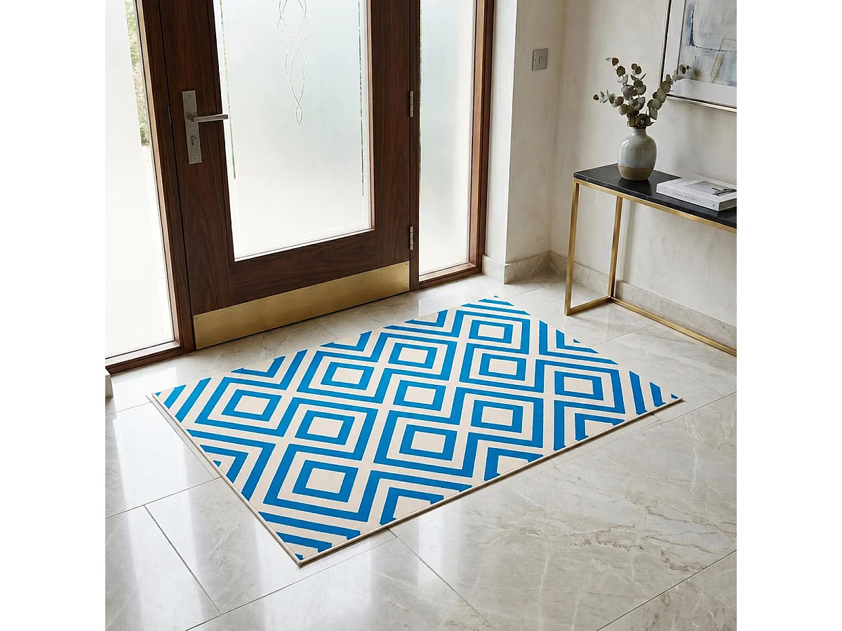 alfombra de dormitorio 60x110 tejida azul rectángulo estampado geométrico LYN49 NICE