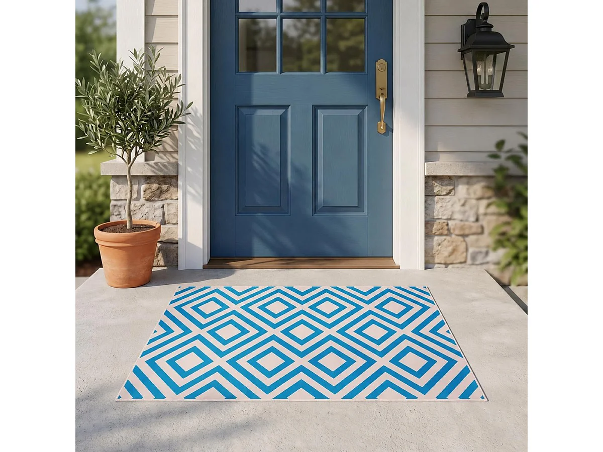 alfombra de dormitorio 60x110 tejida azul rectángulo estampado geométrico LYN49 NICE