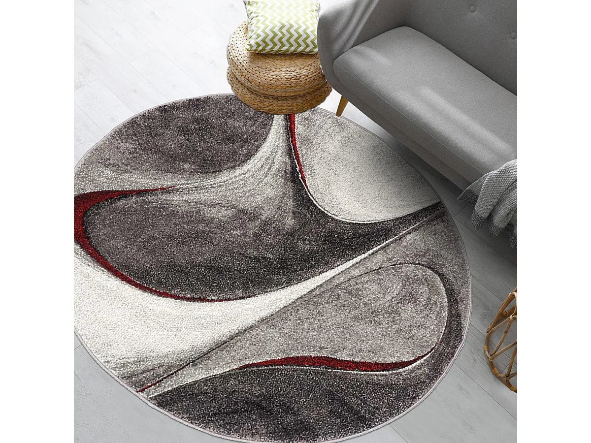 tapis salon Ø200cm tissé rouge et gris rond motif géométrique LYN8 MADILA