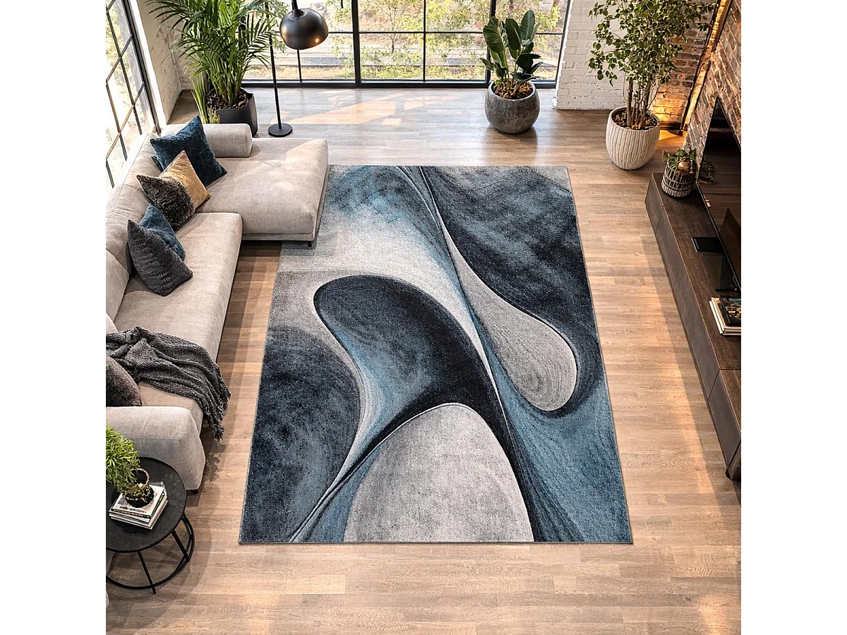 tapis chambre 80x150 tissé bleu et gris rectangle motif géométrique LYN8 MADILA