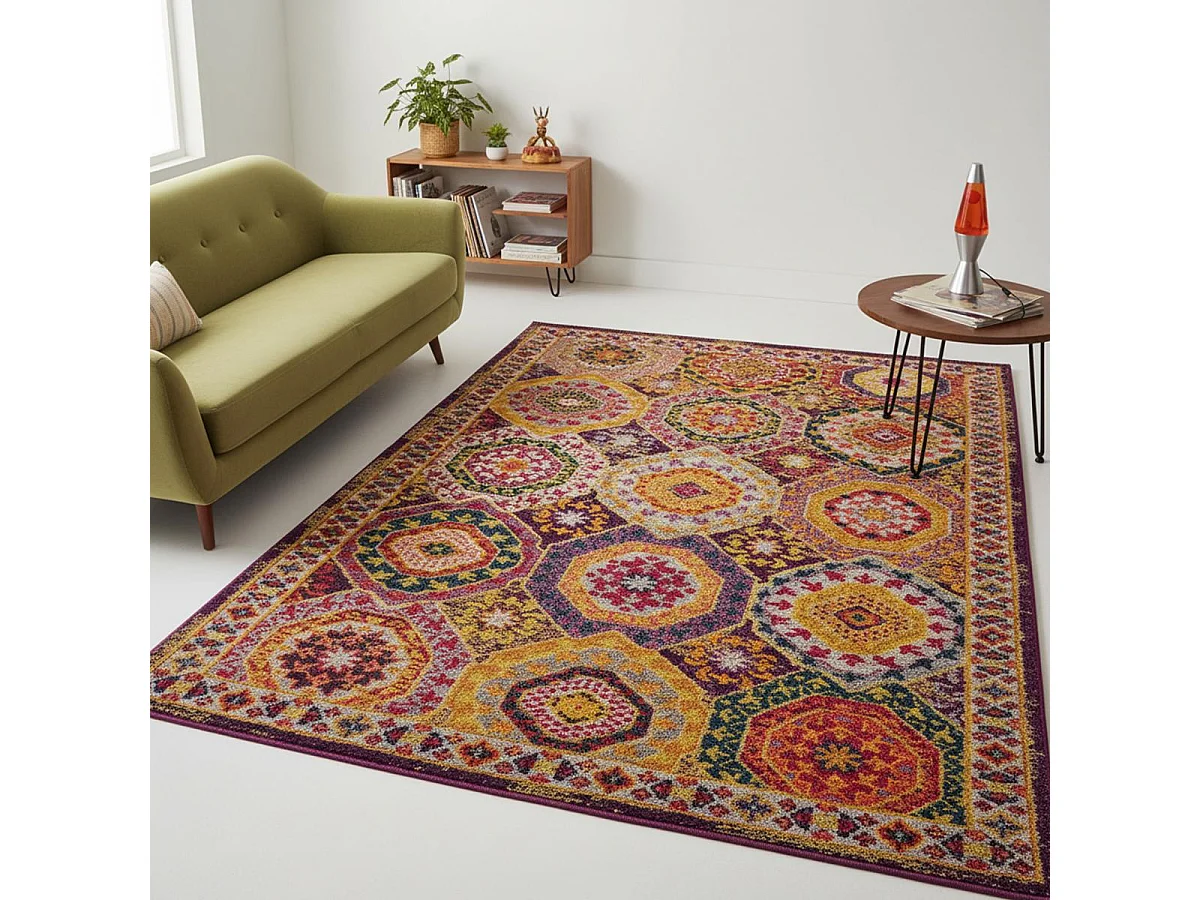 Tapis oriental 120x170 rectangle rouge et jaune tissé motif ethnique PECHA