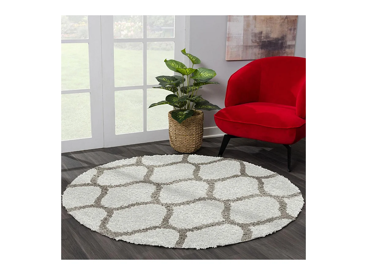 Tapis longs poils shaggy Ø200cm rond tissé crème motif scandinave SG MADRID