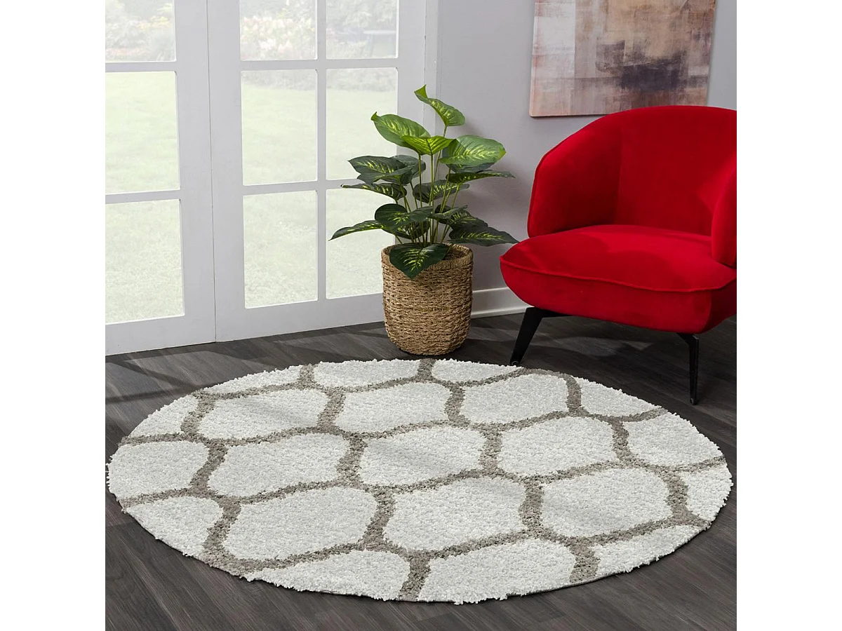 Tapis longs poils shaggy Ø200cm rond tissé crème motif scandinave SG MADRID