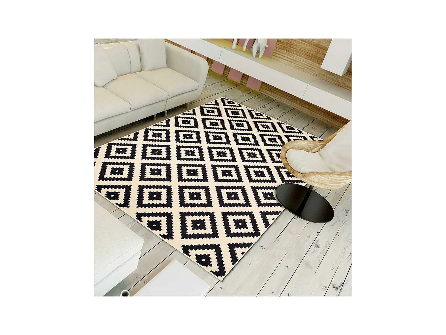 tapis salon 120x170 tissé crème rectangle motif scandinave LYN1 ROMA