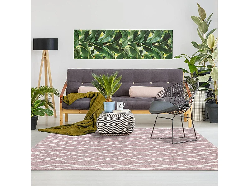 Tapis berbère 120x170 tissé motif ethnic BALANIO rose et blanc