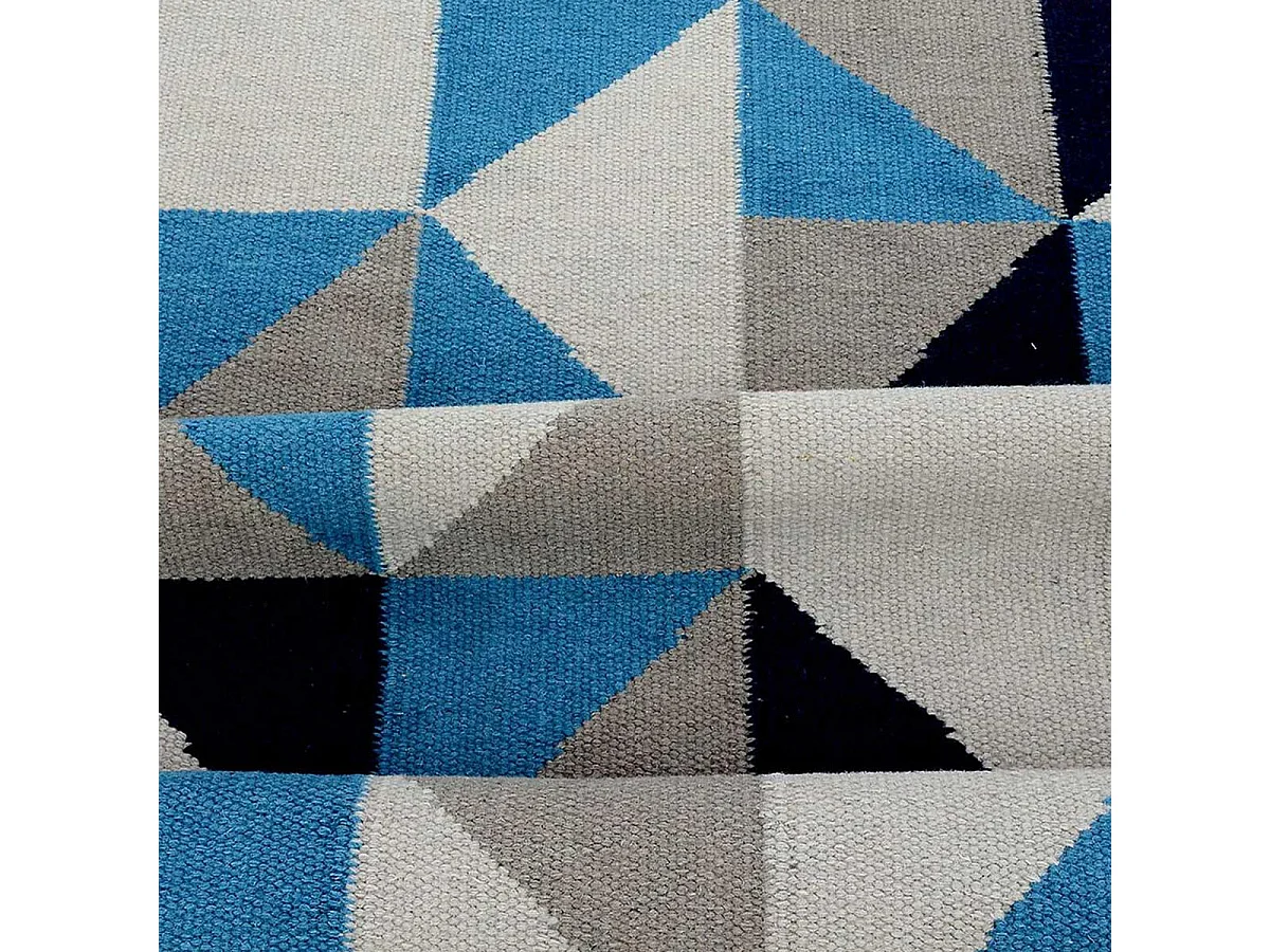 Tapis kilim 240x340 rectangle fait main en laine bleu ciel et bleu foncé