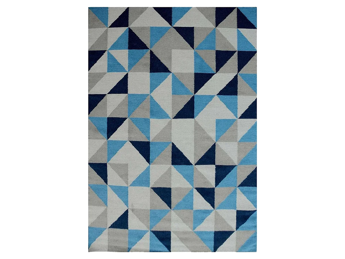 Tapis kilim 240x340 rectangle fait main en laine bleu ciel et bleu foncé