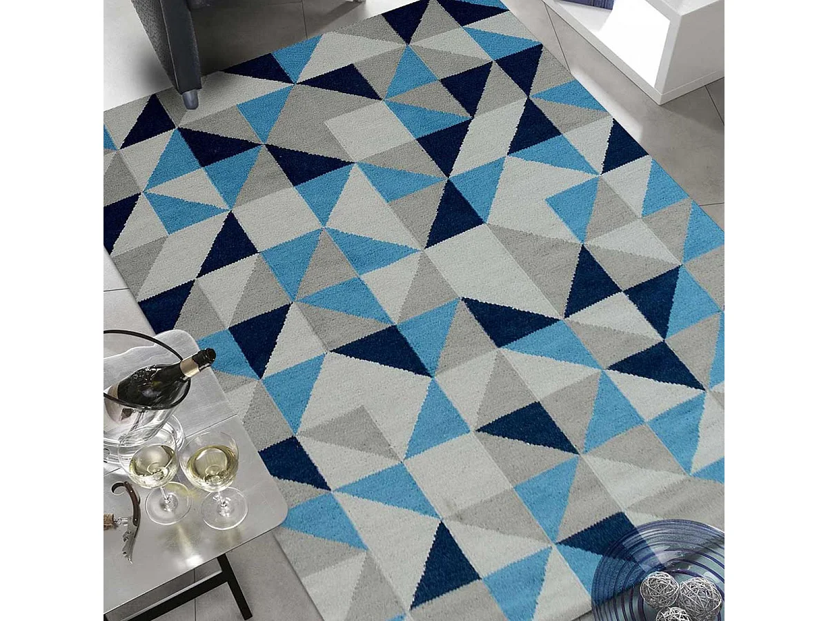 Tappeto Kilim 240x340 rettangolo realizzato a mano in lana celeste e blu scuro