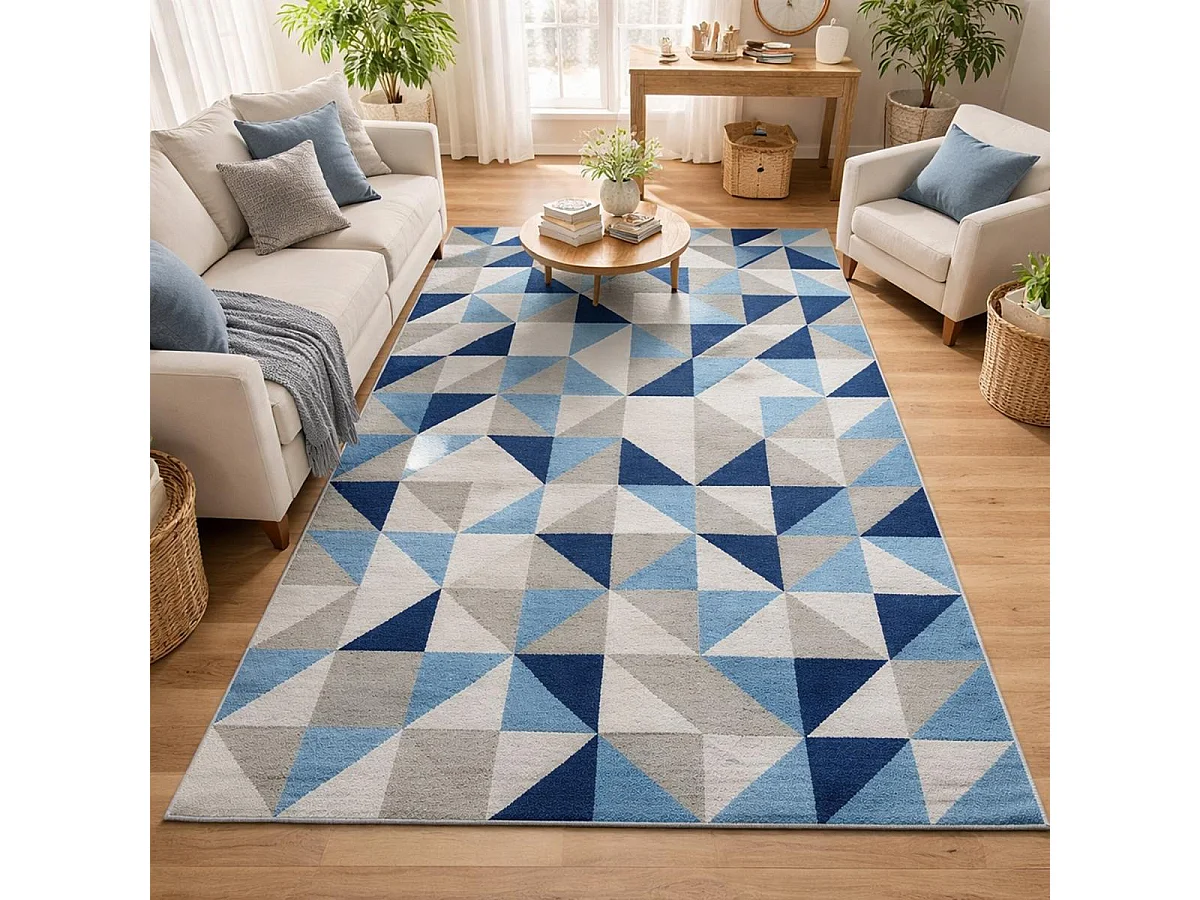 Tapis kilim 240x340 rectangle fait main en laine bleu ciel et bleu foncé