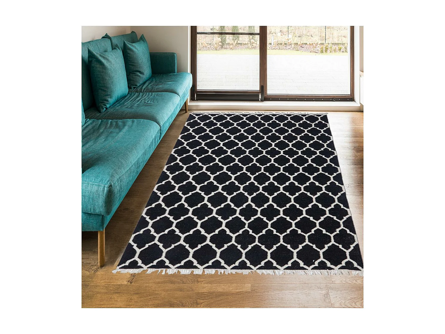 tapis salle à manger 200x290 fait main en laine turquoise motif scandinave