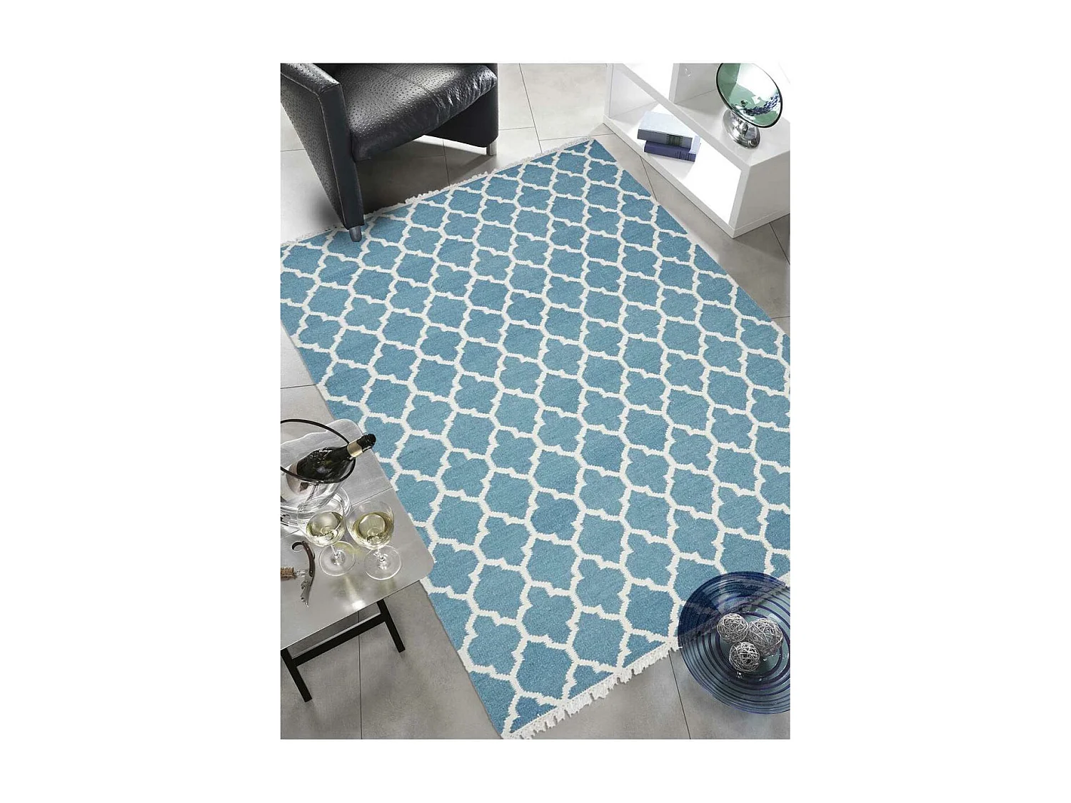 tapis salle à manger 200x290 fait main en laine turquoise motif scandinave
