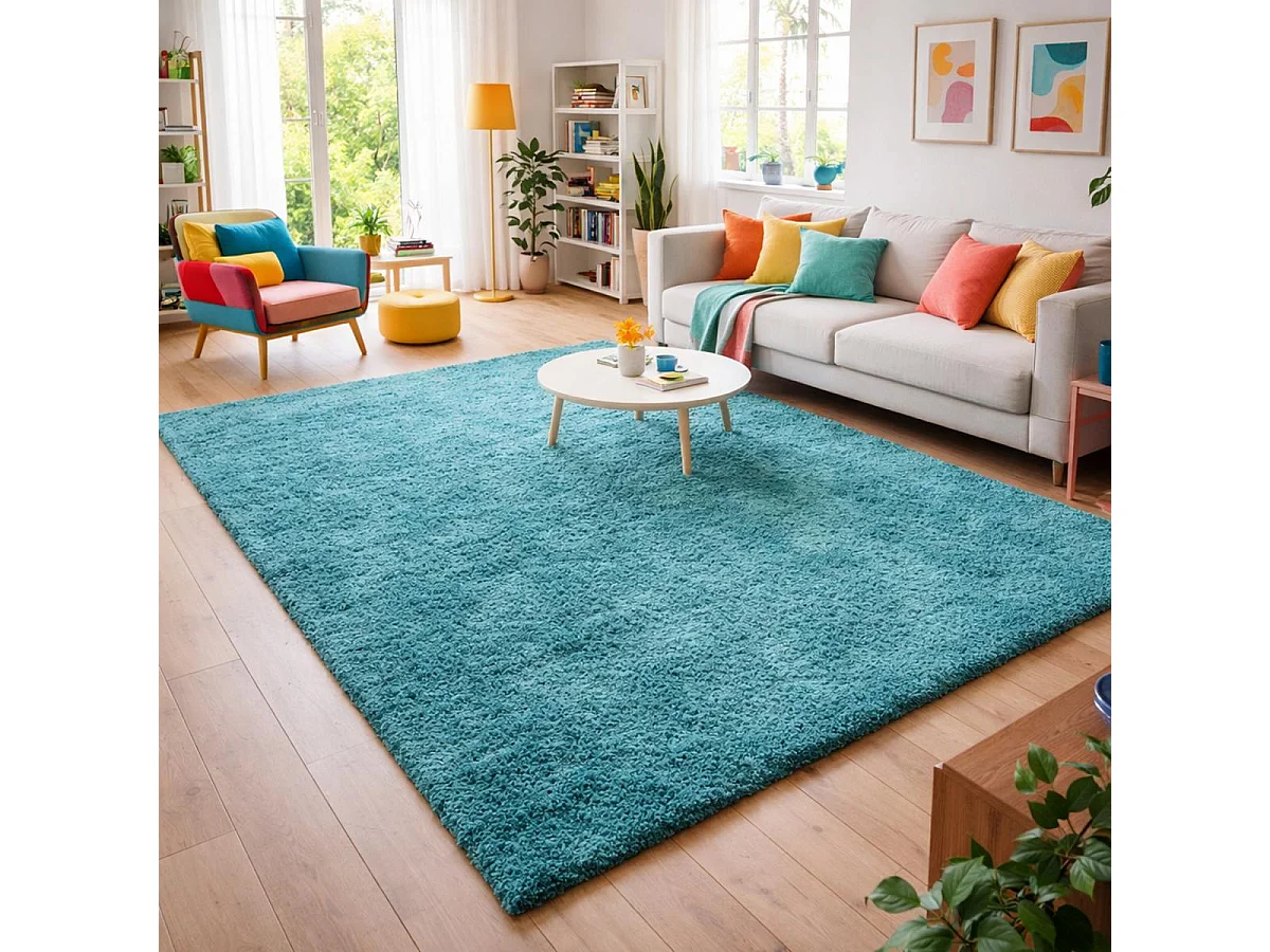 Tapis poils longs shaggy 80x250 rectangle tissé turquoise motif uni UNI L