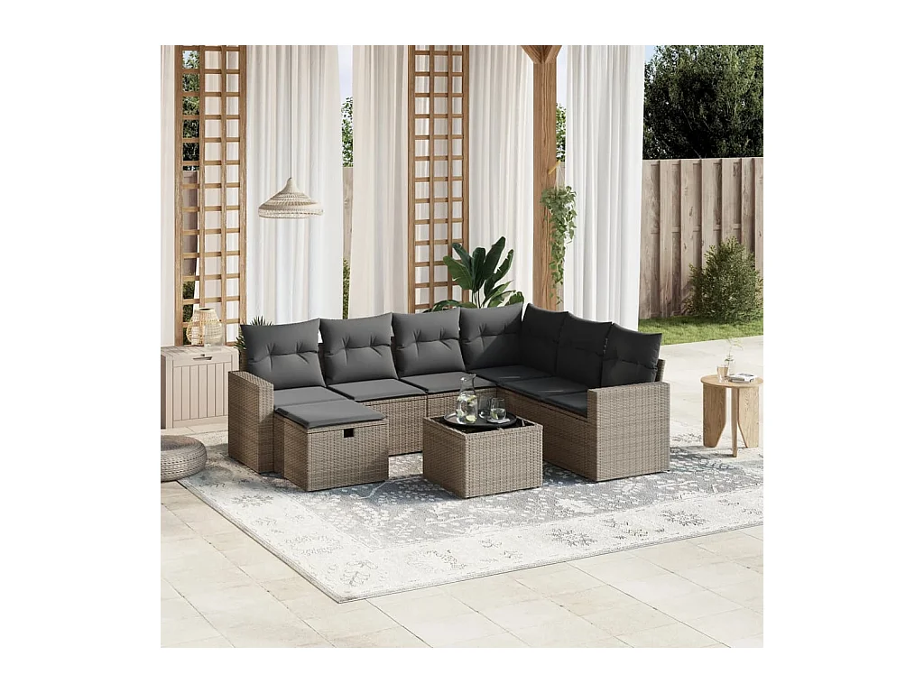 Salon de jardin 8 pièces avec coussins gris résine tressée