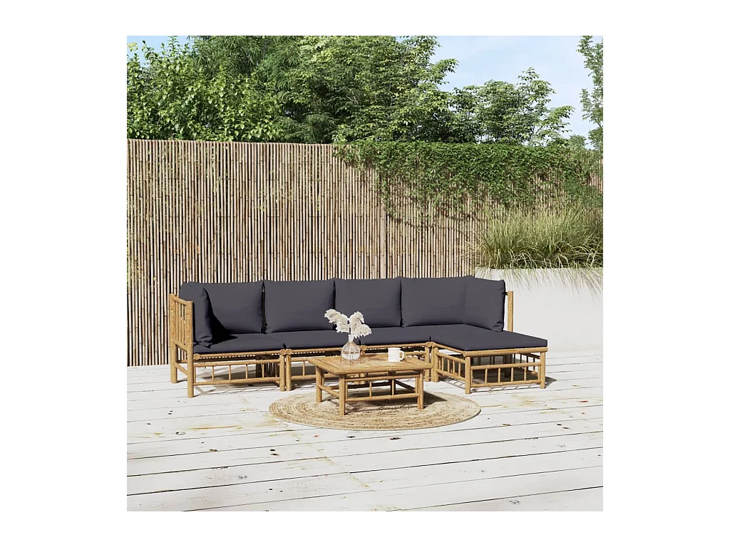 Salon de jardin 6 pièces avec coussins gris foncé bambou