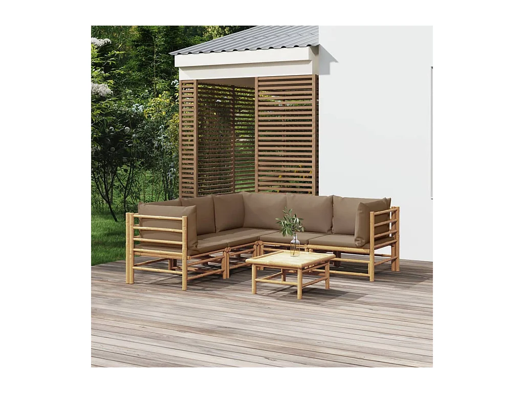 6 peças conj. lounge jardim bambu almofadões cinzento-acastanhado