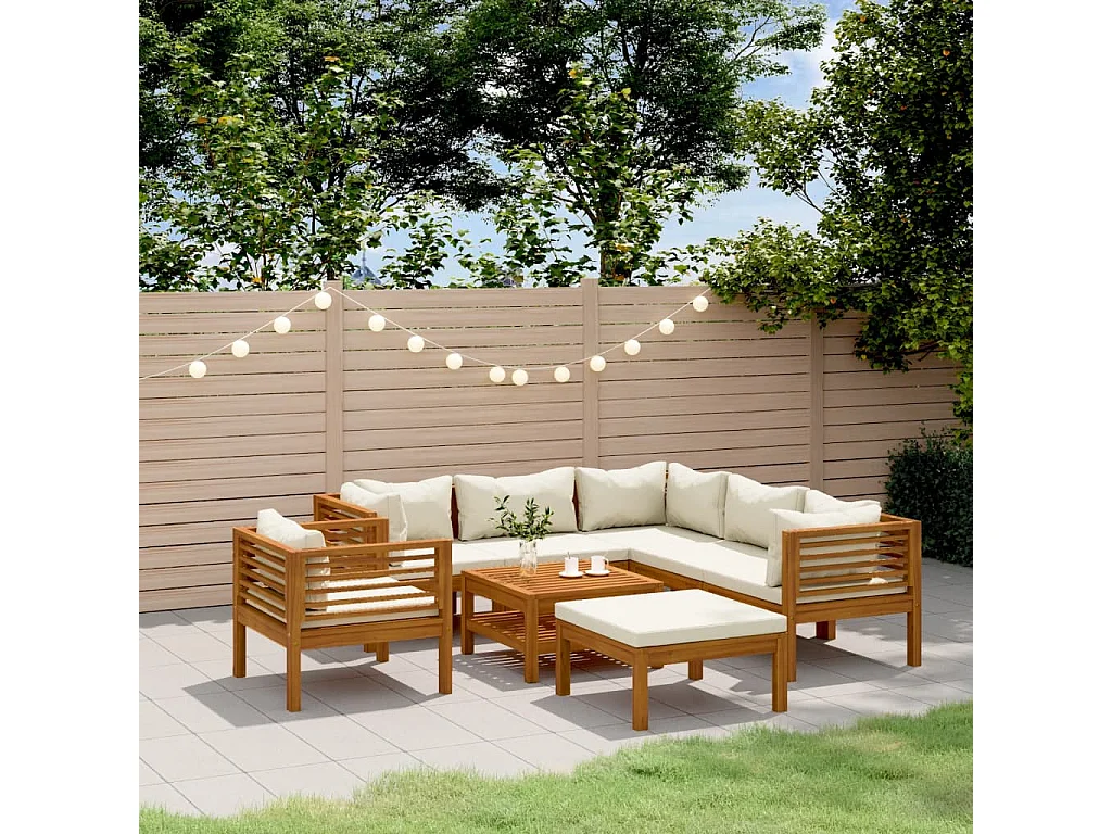 Salon de jardin 8 pièces avec coussin crème Bois d'acacia solide