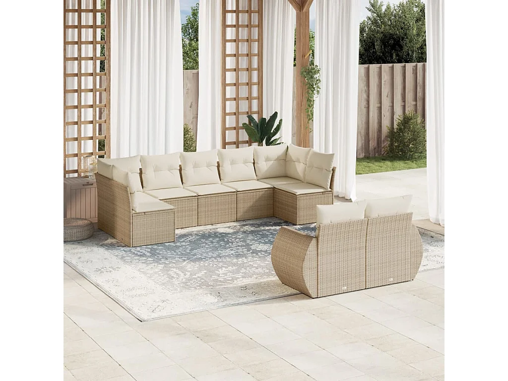 Salon de jardin avec coussins 9 pièces beige résine tressée