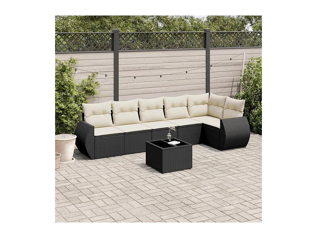 Salon de jardin 7 pièces avec coussins noir résine tressée