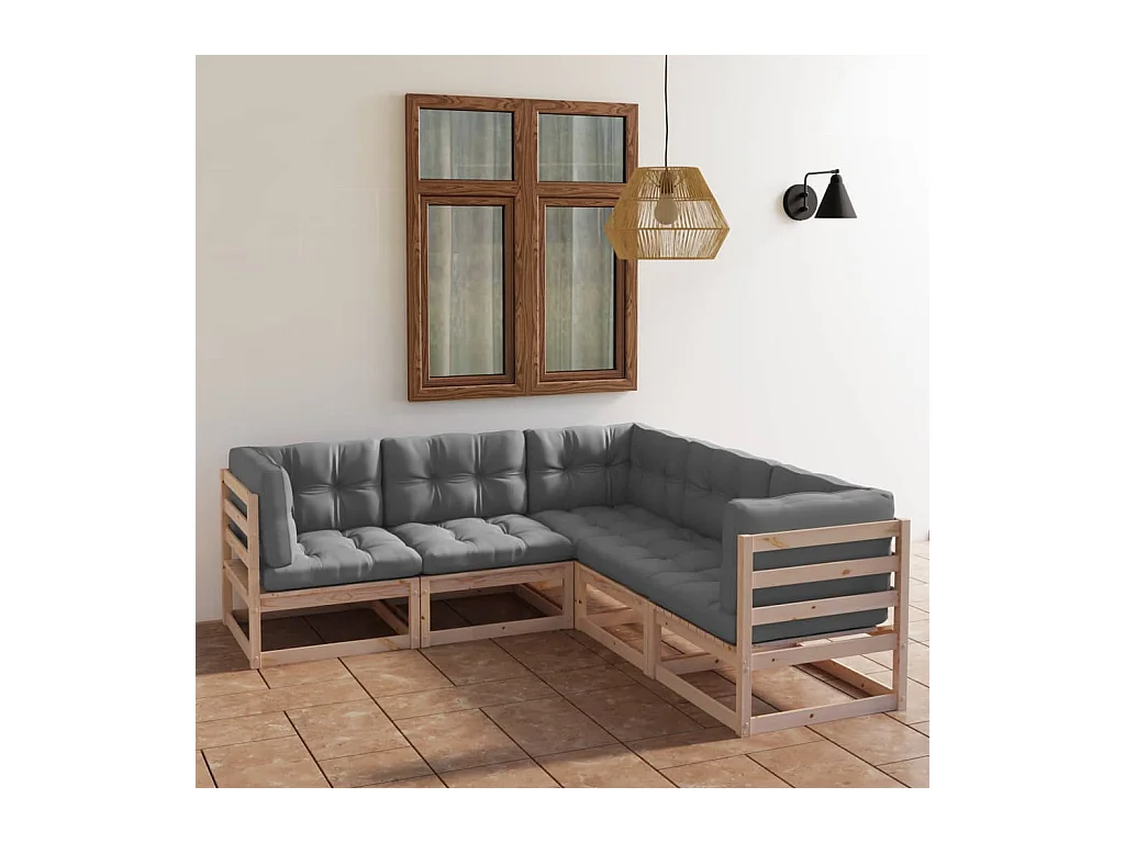 5-delige Loungeset met kussens massief grenenhout