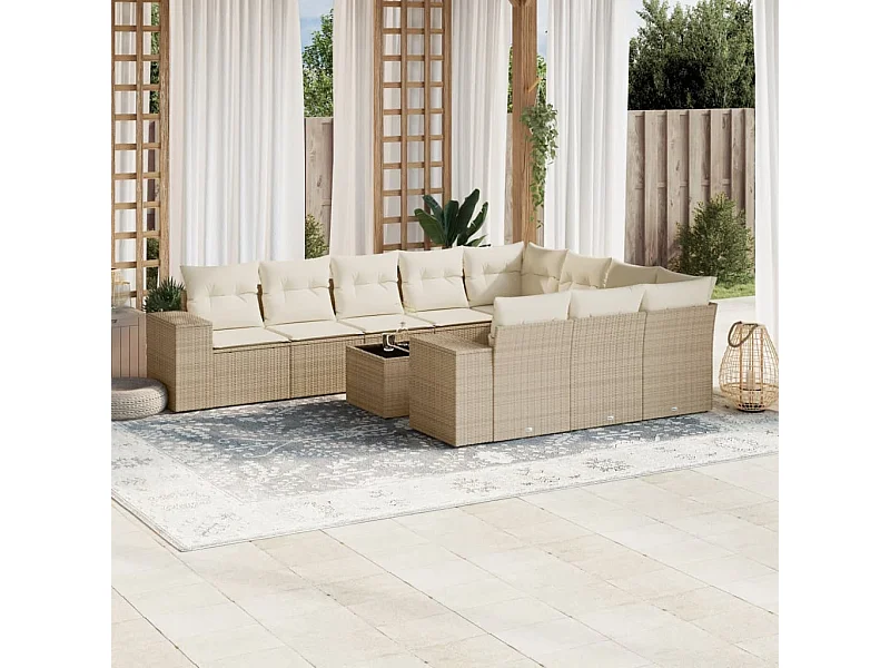 Set de sofás de jardín 11piezas con cojines ratán sintético beige
