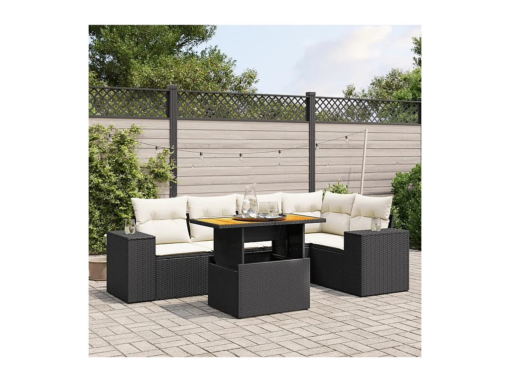 6-delige Loungeset met kussens poly rattan zwart