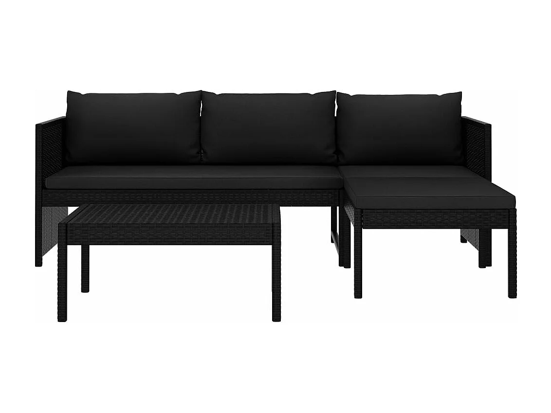 Set de muebles de jardín 3 piezas y cojines ratán sintético negro