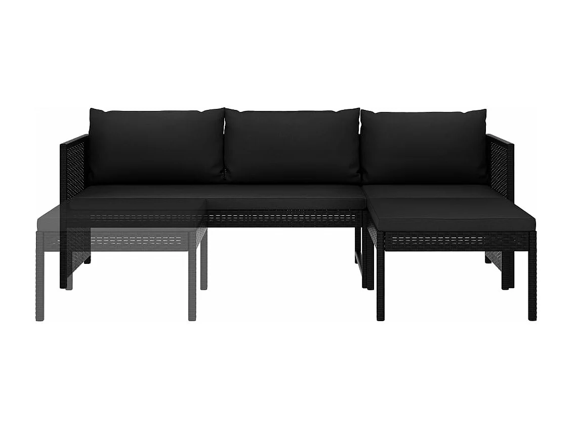 Set de muebles de jardín 3 piezas y cojines ratán sintético negro