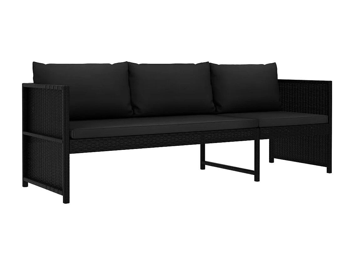 Set de muebles de jardín 3 piezas y cojines ratán sintético negro