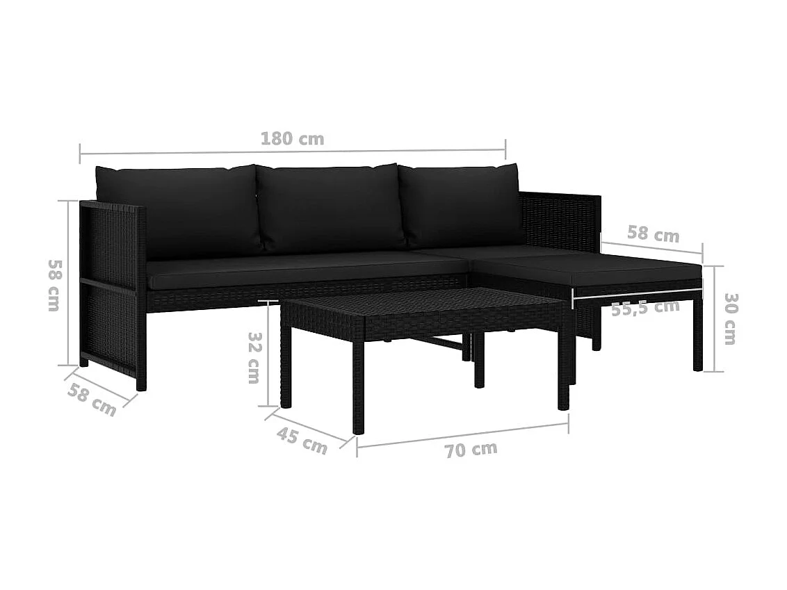 Set de muebles de jardín 3 piezas y cojines ratán sintético negro