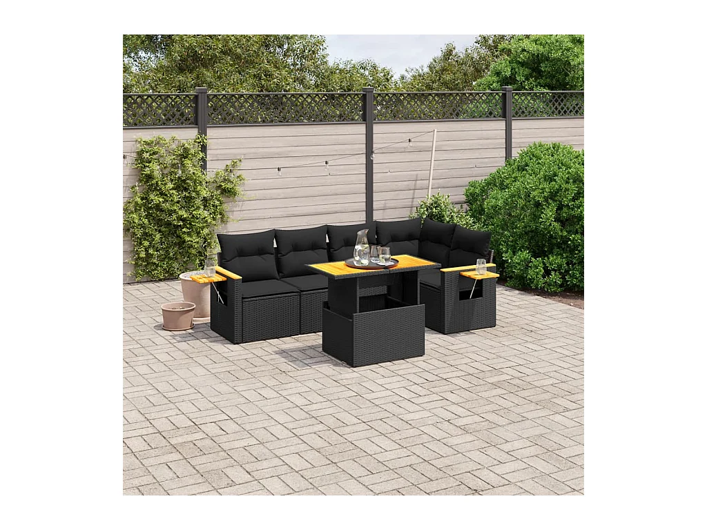 Salon de jardin 6 pièces avec coussins noir résine tressée