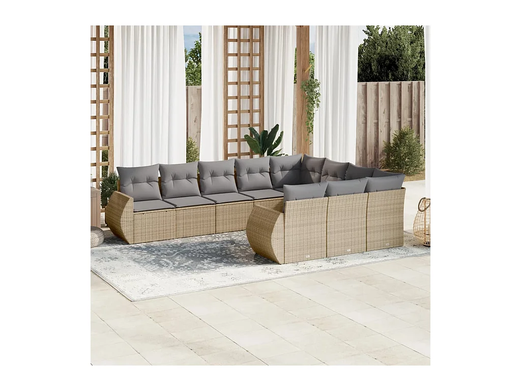 Salon de jardin avec coussins 10 pièces beige résine tressée