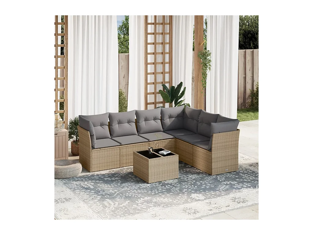 Salon de jardin avec coussins 7 pièces beige résine tressée