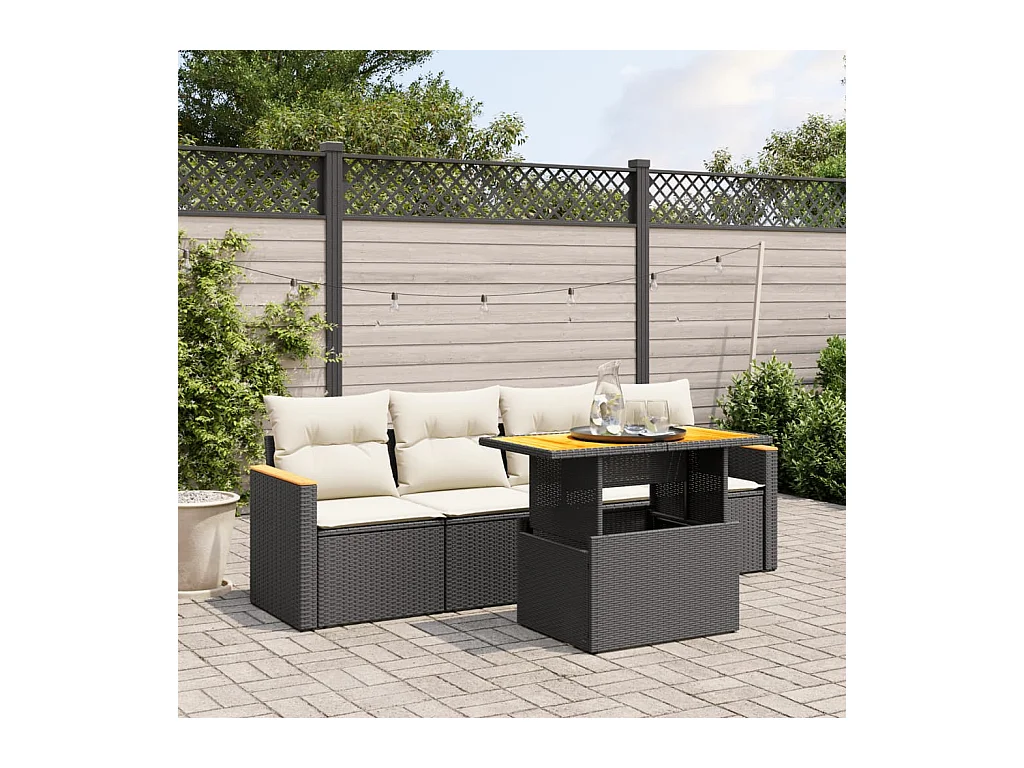 5-delige Loungeset met kussens poly rattan zwart