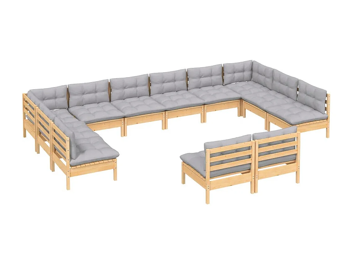 Salon de jardin 12 pièces avec coussins gris bois de pin massif