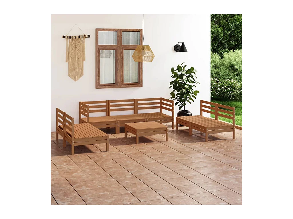 Salon de jardin 8 pièces Marron miel Bois de pin massif