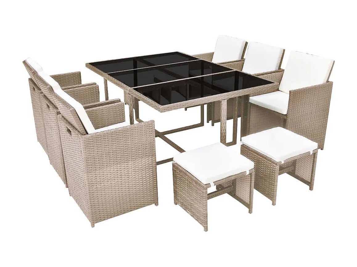 Salon de jardin encastrable avec coussins 11 pièces Rotin Beige