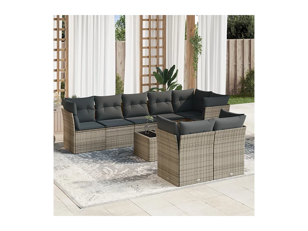 Salon de jardin 9 pièces avec coussins gris résine tressée
